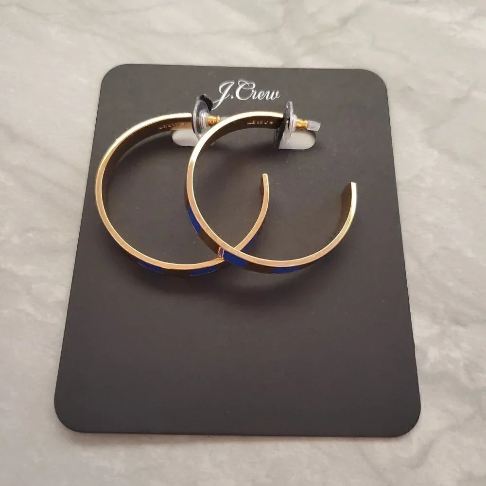 💙 NEW J.Crew Blue Sapphire Striped Enamel Hoop Gold Drop Dangle Earrings 💙